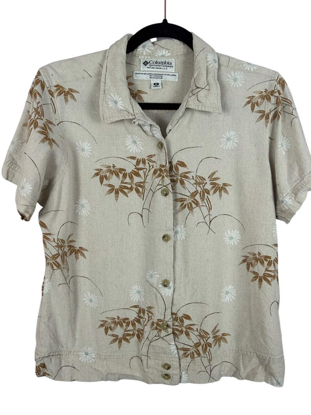 Columbia Women’s Linen Blend Tropical Floral Button Front Camp Shirt Beige M